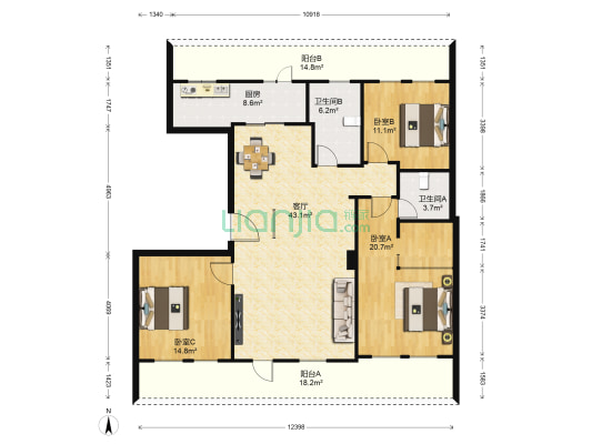 绿城玫瑰园一期 3室1厅2卫 132平方