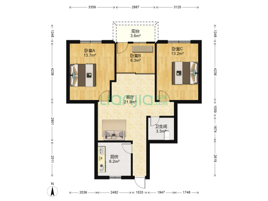 都司公寓 3室1厅1卫 90平方