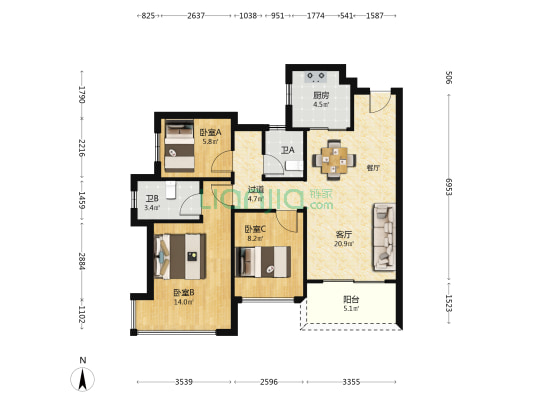 中南时方境 3室1厅2卫 85平方