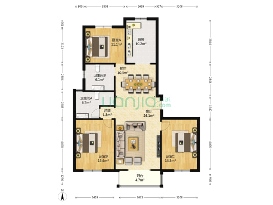 祥泰园 3室2厅2卫 143平方