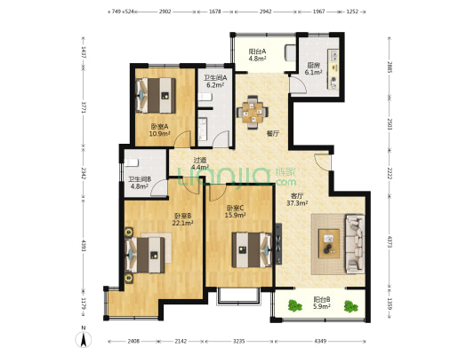 六合苑 3室1厅2卫 149平方