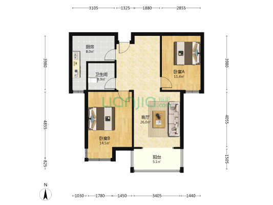 品质社区，全南两居，业主急售看房提前约-户型图