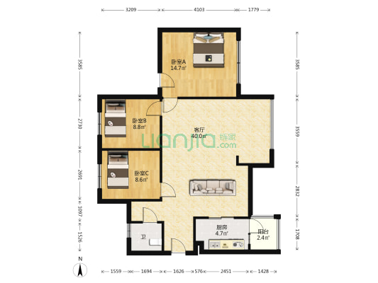 仟坤水街（东区） 3室1厅1卫 98平方