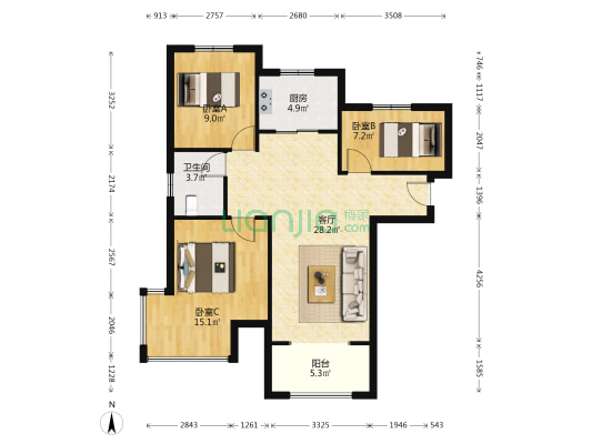店长推荐 诚心出售 南北三居 价格可议-户型图