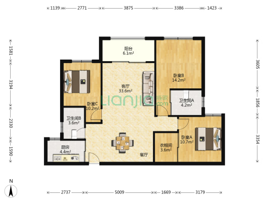 红金叶小区 3室1厅2卫 98平方