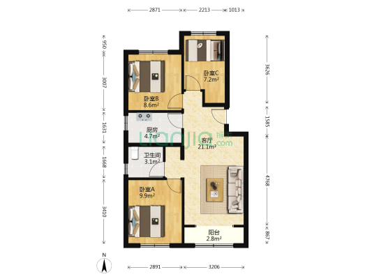 康泽佳苑北区 3室1厅1卫 88平方