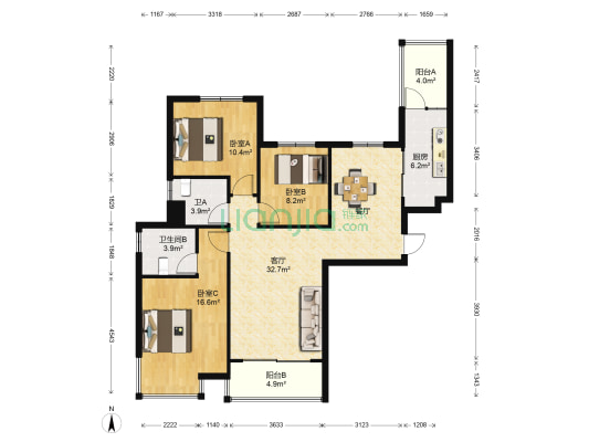恒大翡翠华庭 3室1厅2卫 132平方