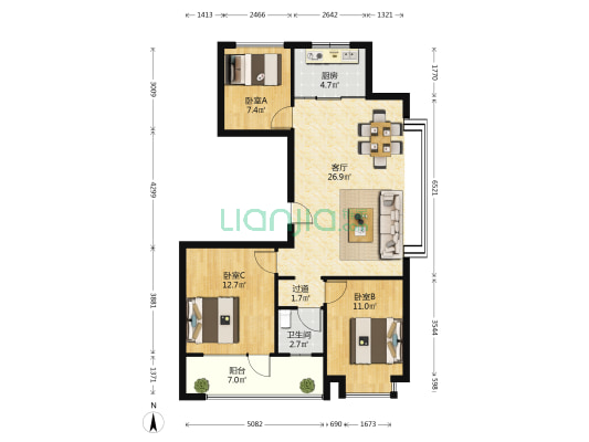 泽信天著 3室1厅1卫 93平方