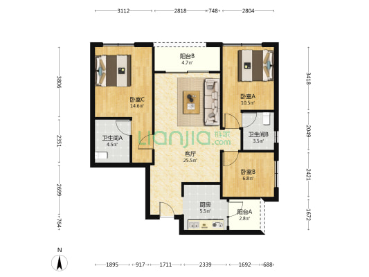 中国·重庆·湖广 3室1厅2卫 98平方