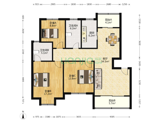 黄娄花园二期 3室1厅2卫 138平方