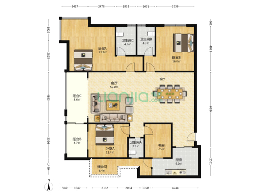 海德广场 4室1厅3卫 182平方