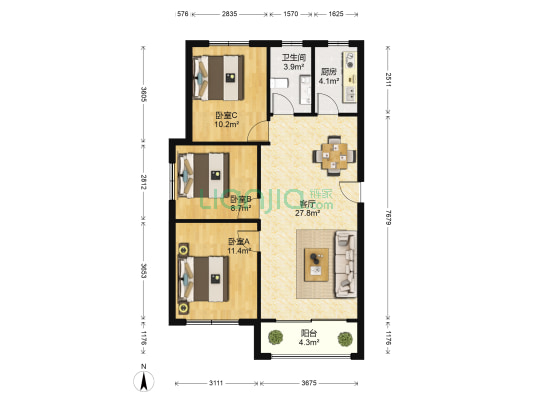 太平洋森公馆 3室1厅1卫 105平方