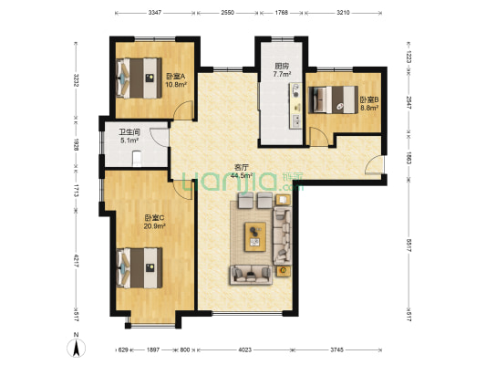 精装修 南北通透 中间楼层 采光好-户型图