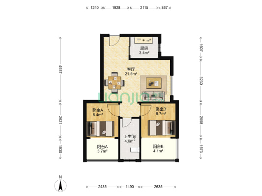 摩登Com 2室1厅1卫 65平方