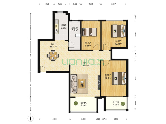裕隆国际 3室2厅1卫 135平方