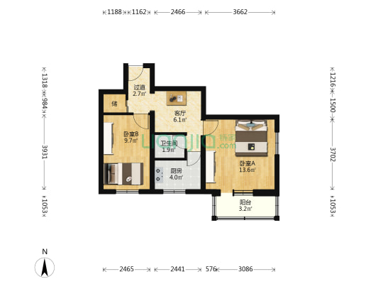 市政宿舍 2室1厅1卫 54平方