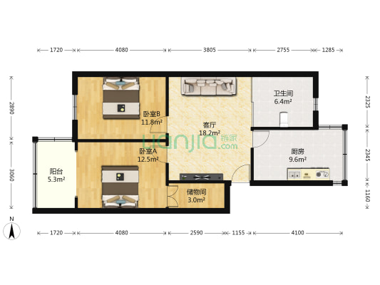 趣园 2室1厅1卫 80平方