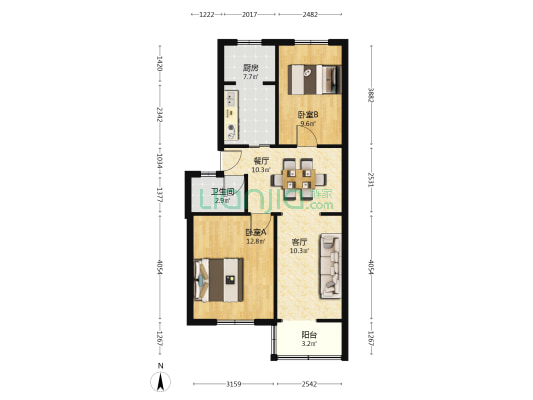地质实验研究所宿舍 2室2厅1卫 70平方