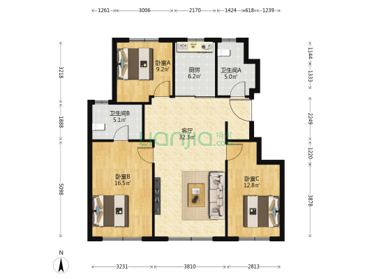 金地中央公园二期 3室1厅2卫 105平方
