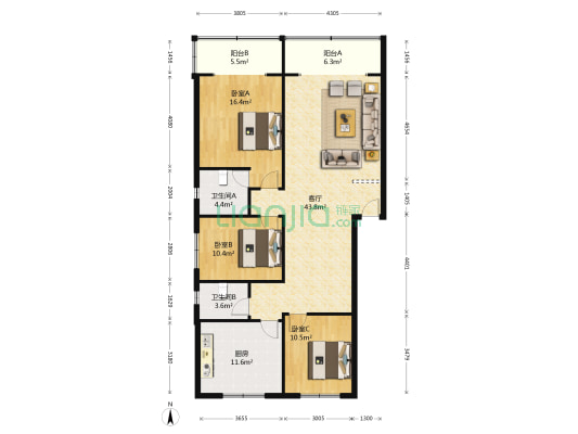 圃园路4号 3室1厅2卫 127平方