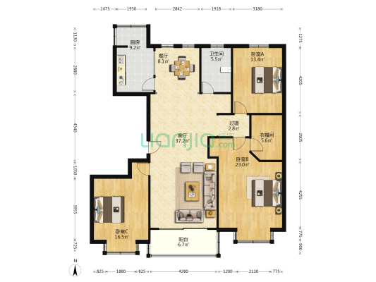晏园南岸 3室2厅1卫 167平方