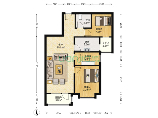 朝南两居，采光充足，户型方正，通勤方便-户型图