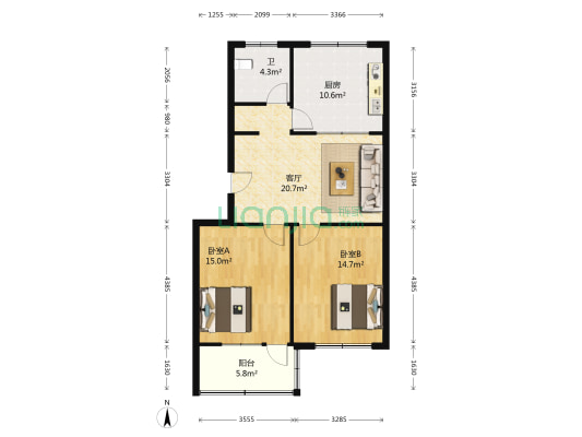 人民银行宿舍 2室1厅1卫 95平方