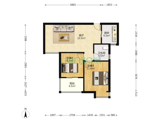 正商华钻澜庭1号院 2室1厅1卫 87平方
