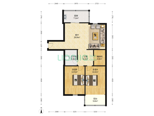 统计局宿舍 2室1厅1卫 108平方