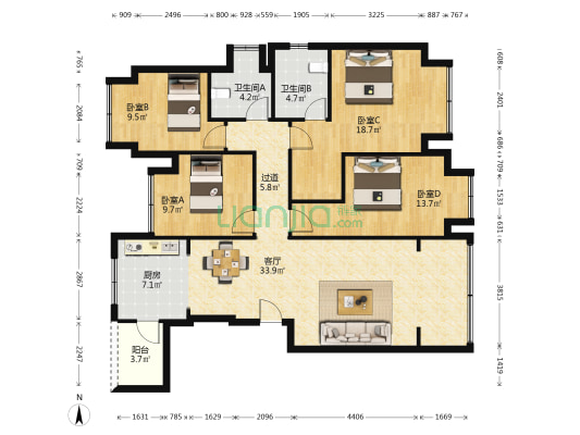 龙湖嘉天下上城 4室1厅2卫 136平方