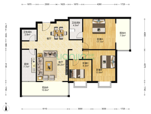 鹏程春天花园 3室1厅2卫 132平方