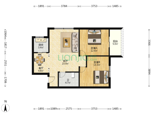 邮政宿舍 2室2厅1卫 87平方