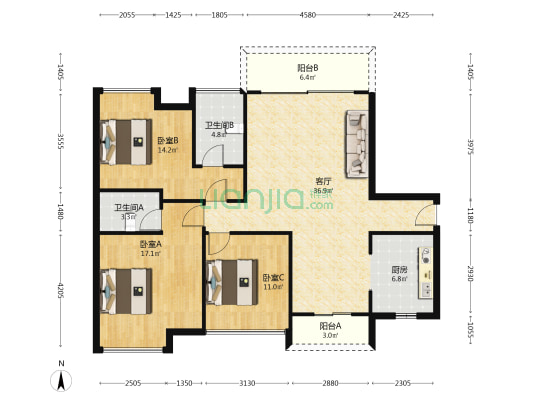 君隆中央公馆 3室1厅2卫 121平方