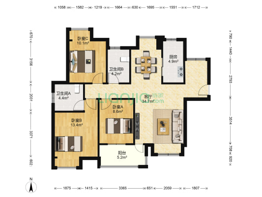 襄轴家园 3室1厅2卫 115平方
