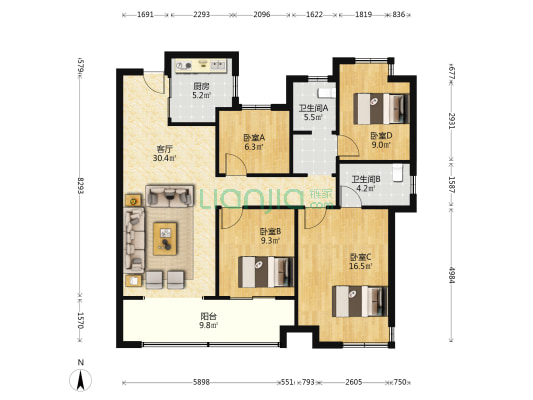 中北三盛汝悦铭著 4室1厅2卫 120平方