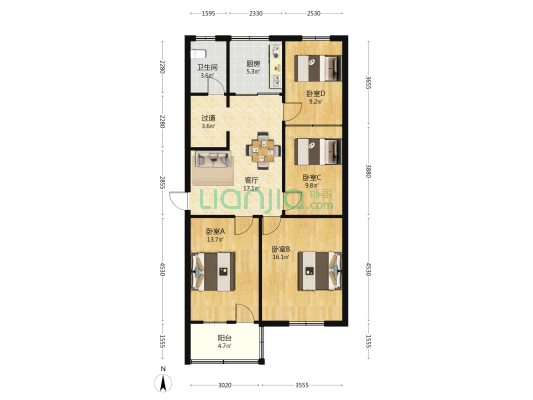 中经路17号 4室1厅1卫 100平方