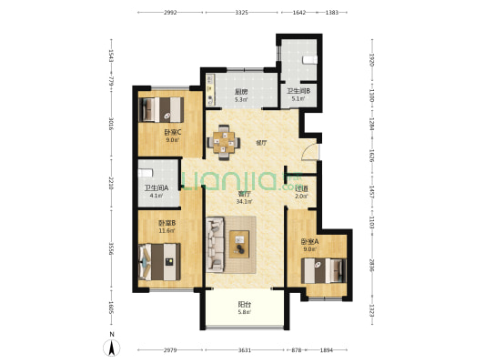 泮河壹号院 3室1厅2卫 115平方