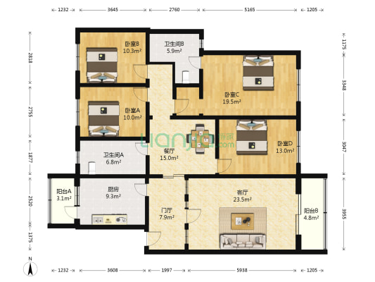 桃园公寓 4室2厅2卫 167平方