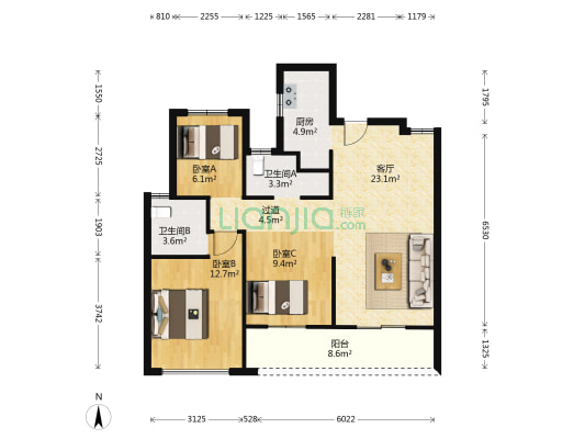 云珀府 3室1厅2卫 88平方