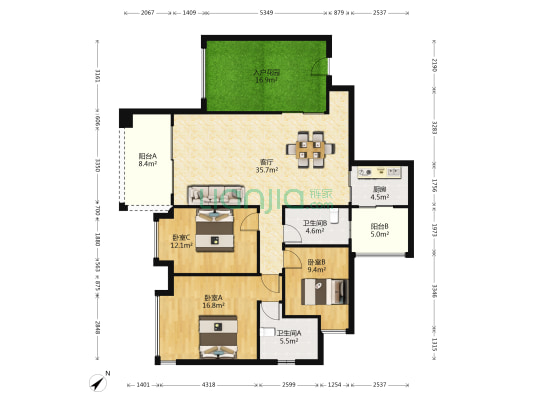 泊岸君庭 3室1厅2卫 127平方