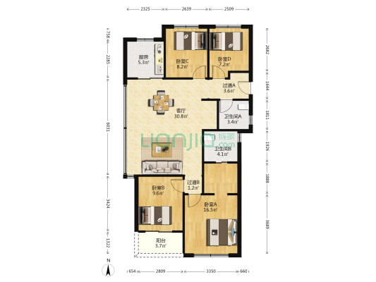 锦粼云荟 4室1厅2卫 122平方