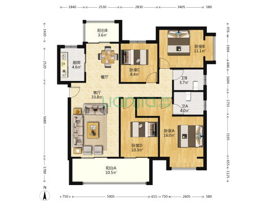 中海意园  4室1厅2卫 141平方