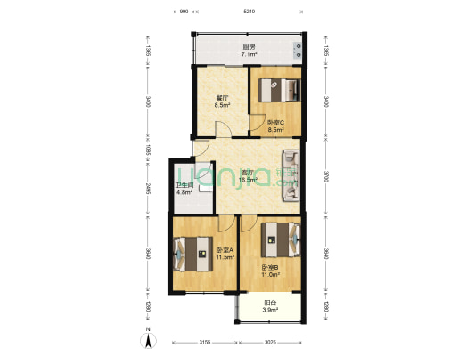 建设北路175号 3室2厅1卫 86平方