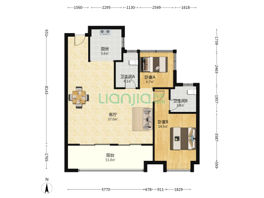 龙湖翠湖壹号 2室1厅2卫 106平方