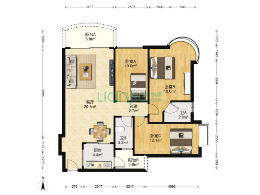 东海花园 3室1厅2卫 111平方