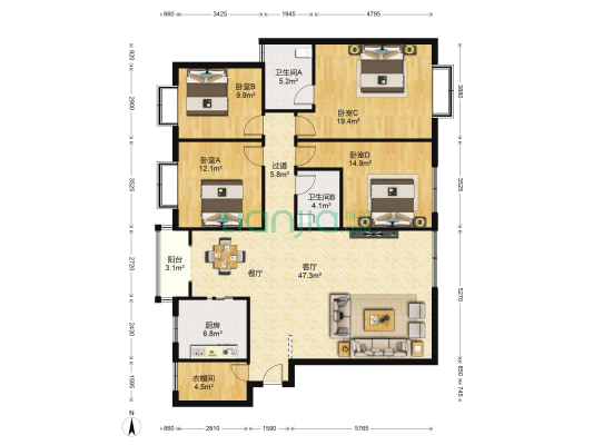 豪盛时代华城 4室1厅2卫 178平方