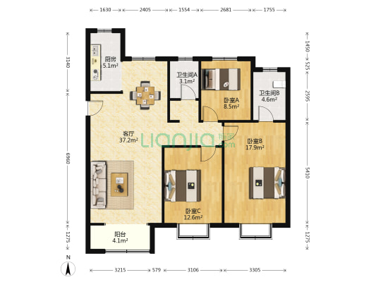 中新锦绣天地东苑二区 3室1厅2卫 132平方
