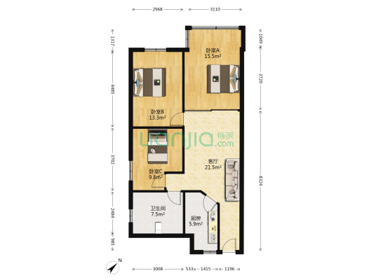 通达公寓 3室1厅1卫 104平方