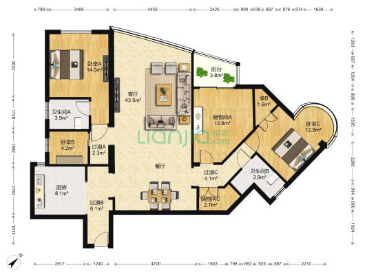 玉滨城三期 3室1厅2卫 169平方