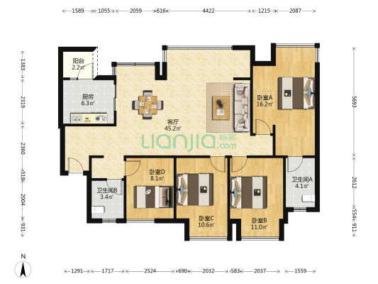 万科金域蓝湾四期 4室1厅2卫 132平方